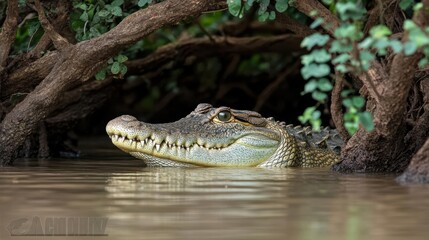 A crocodile partially submerged in water, surrounded by dense vegetation.