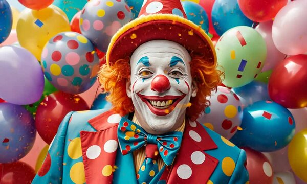 A clown with a red hat and white face is surrounded by many colorful balloons