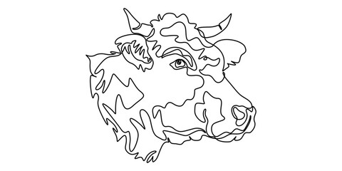 Continuous one line drawing dairy cow. Cattle. Dairy industry. Milk. Side view of a cow.One continuous line isolated minimal illustration, cow, bull, livestock, cattle, calf one line art. Continuous.