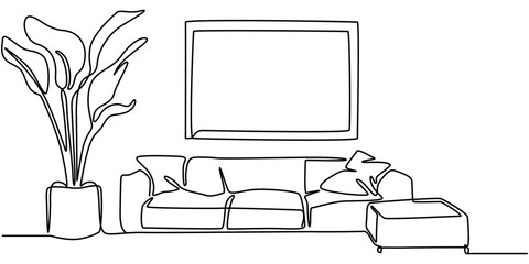 Continuous Line Drawing of Interior Design Icon. Hand Drawn Symbol Vector Illustration, Doodle modern style interior with sofa, plant, and lamp. Here is a one-line drawing of a living room with modern