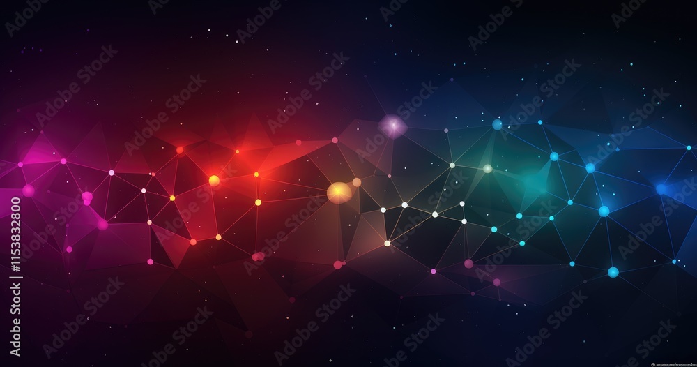 Poster a colorful abstract design featuring interconnected geometric shapes and glowing nodes.