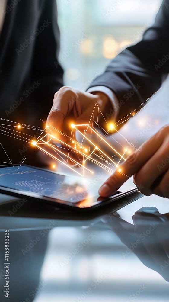 Poster business consultant showcasing glowing data models on a tablet while advising a client in an upscale