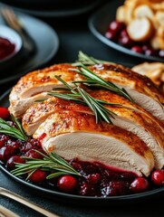 Thanksgiving feast sliced turkey with cranberry sauce home kitchen food cozy atmosphere close-up culinary delight