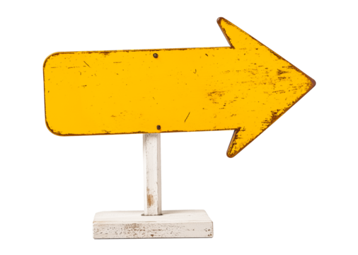 yellow rustic wooden signpost guide board standing on ground, old weathered arrow shaped signboard, cutout png