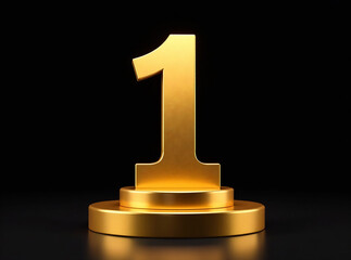 A golden number one stands on a golden pedestal against a black background. new image