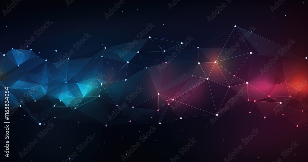 Poster abstract geometric design with connected nodes and vibrant colors against a dark background.