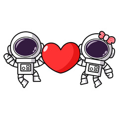 Cute Astronaut couple Cartoon on Valentine day, fall in love
