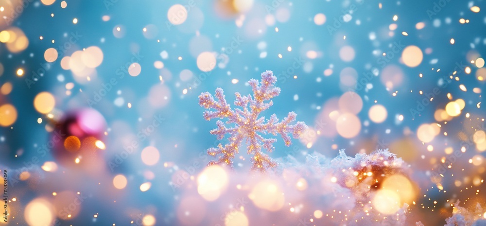 Poster a snowy scene with a snowflake and soft bokeh lights, evoking a festive mood.