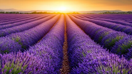 Obraz premium Breathtaking Sunset Over Lavender Field with Rows of Vibrant Purple Blossoms Stretching Towards the Horizon in a Picturesque Landscape Scene