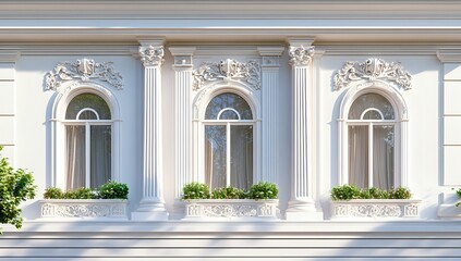 Fototapeta premium Elegant Building Facade: Three arched windows, classical columns, ornate detailing, flower boxes, sunlight. Architectural design inspiration.