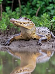Obraz premium A close-up of a crocodile resting by the water's edge, reflecting in the calm surface.