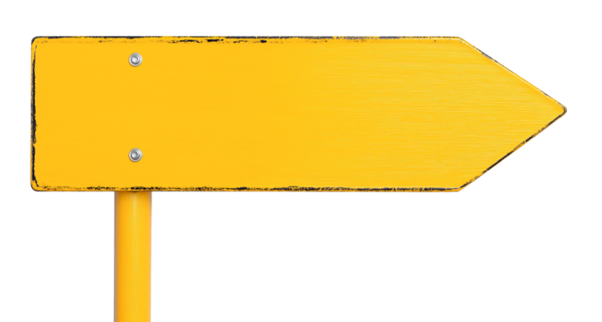 yellow rustic wooden signpost guide board, old weathered arrow shaped signboard, cutout png