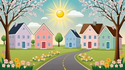 Naklejka premium Springtime Village Scene Cartoon background