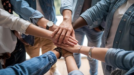 Fototapeta premium Diverse Group Collaboration with Hands United in a Motivational Unity Gesture