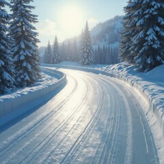 Obraz premium Empty luge track with sharp turns and icy surface reflecting sunlight.