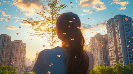 double exposure of a woman planting trees with a background of clean, green urban spaces, representing the role of nature in reducing carbon footprints. [environment]:[Reduce carbon footprint] 