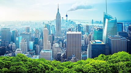 Obraz premium cityscape with skyscrapers overlaid with natural landscapes like forests and oceans, demonstrating urban sustainability and efforts to reduce carbon footprints. [environment]:[Reduce carbon 