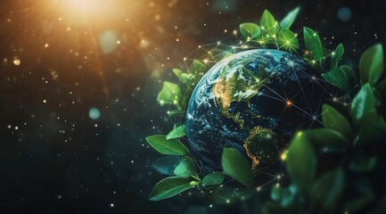Obraz premium Eco-friendly technology concept with green leaves and planet Earth on a dark background, a futuristic digital global network connection