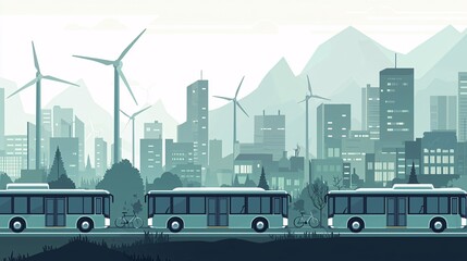 sustainable city with clean transportation systems like electric buses and bike lanes, set against a backdrop of wind turbines and green buildings, symbolizing reduced carbon emissions. [environment]: