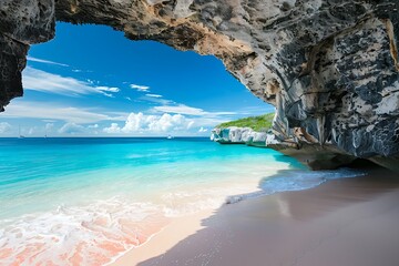 A pristine beach with fine, powdery sand, turquoise waters, and a natural rock formation creating a picturesque frame