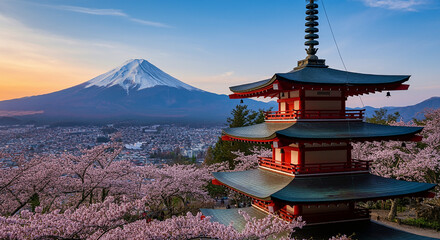 Majestic Mount Fuji Cherry Blossoms and Pagoda Sunset View