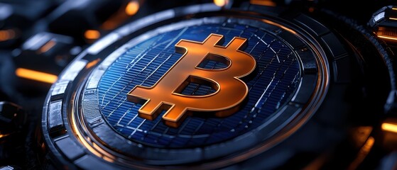 Obraz premium A sleek, close-up view of a Bitcoin symbol, showcasing its golden hue against a dark, digital background, representing cryptocurrency and technology.