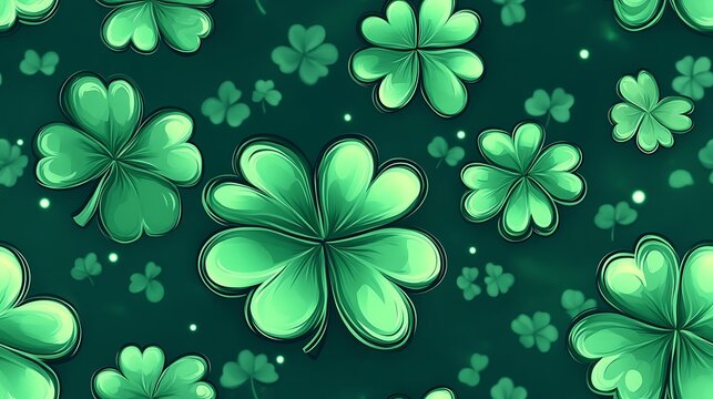 Shamrocks and clovers in a gradient of greens, arranged in a dynamic composition with glowing highlights and subtle shadows, set against a luminous textured background. --ar 16:9 --sref https://s.mj.