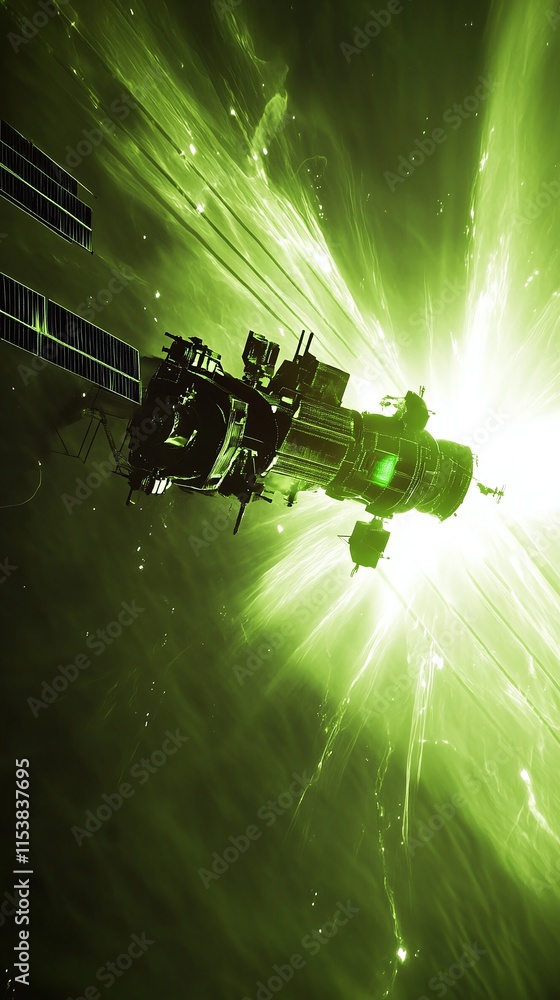 Poster cyberpunk-style satellite array tracking real-time geomagnetic storm data