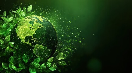 Green planet Earth with leaves and technology connections for a sustainable environment concept background, a digital world or global network. 