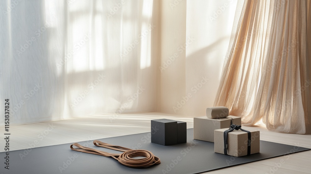 Poster a tranquil yoga mat setup with yoga blocks and straps neatly aligned, a calm, airy space with natura
