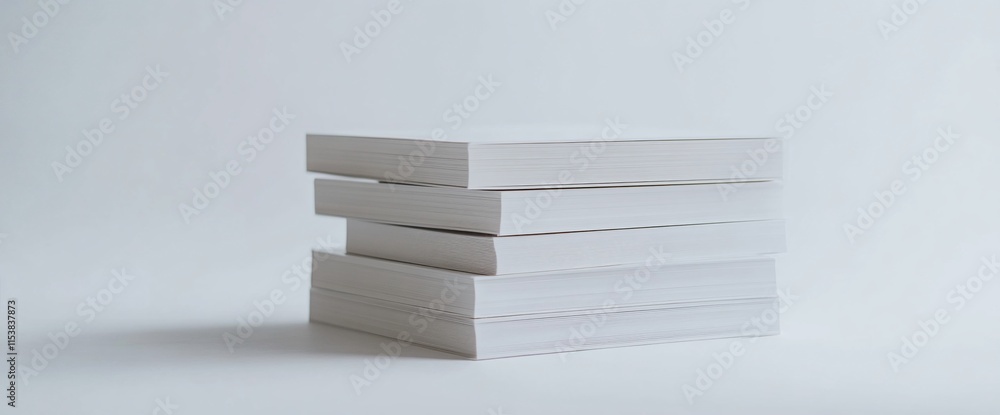 Poster a stack of blank white paper sheets arranged neatly on a light background.