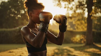 Empowered female boxer training outdoors at sunset, shadow boxing in lush nature