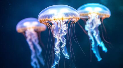 Ethereal Jellyfish Swimming Gracefully in Deep Blue Ocean Waters with Luminescent Tentacles Captivating Underwater Scene in Vibrant Colors and Tranquil Atmosphere