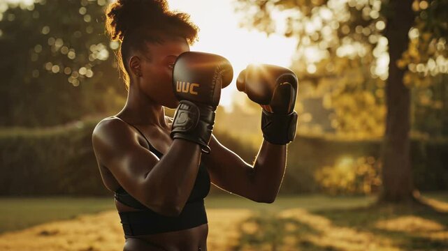 Empowered female boxer training outdoors at sunset, shadow boxing in lush nature