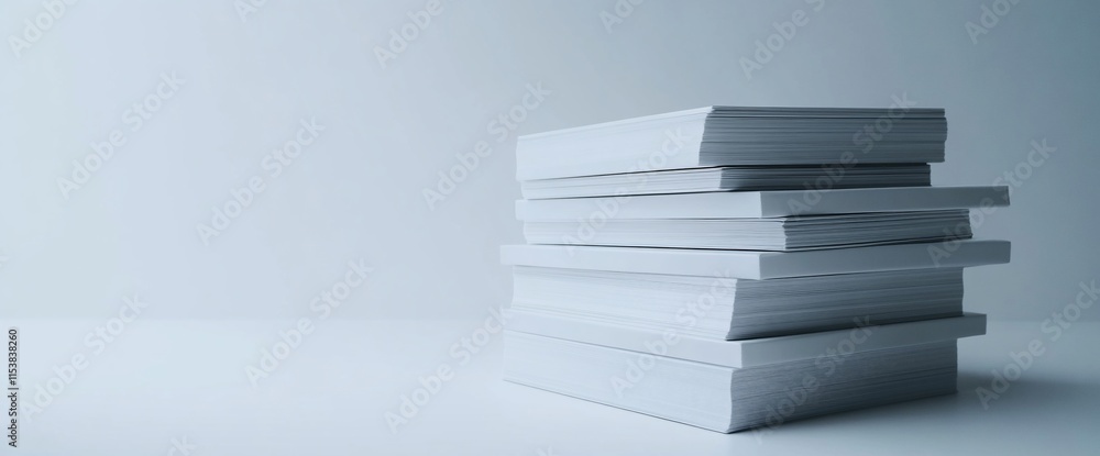 Poster a stack of neatly arranged white books on a minimalistic surface.