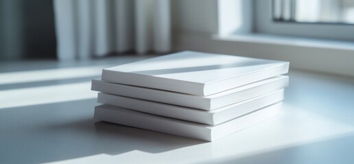 A stack of blank books on a table, illuminated by natural light.