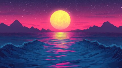 Vibrant full moon glowing bright yellow above dark blue ocean waves at twilight, perfect for mystical backgrounds, fantasy themes, nightscape art, sunset scenery, and dreamy atmospheric designs
