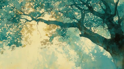 Beneath a Teal Canopy: Sunlight filters through a lush, verdant treetop, creating a serene and tranquil scene. The artwork evokes a sense of peace and natural beauty.