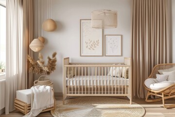 Modern minimalist baby room with wooden crib, pampas grass and rattan lamps