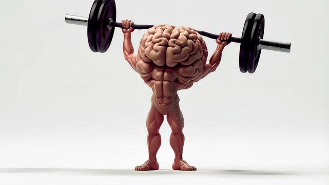 Three dimensional brain with muscular arms lifting weight over white background.
