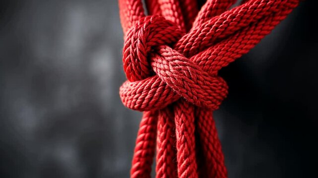 Close-up view of a detailed red rope knot showcasing intricate weaving patterns and a rich texture, set against a contrasting dark background to emphasize its craftsmanship