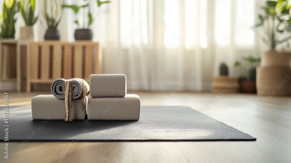 Aufkleber a tranquil yoga mat setup with yoga blocks and straps neatly aligned, a calm, airy space with natura