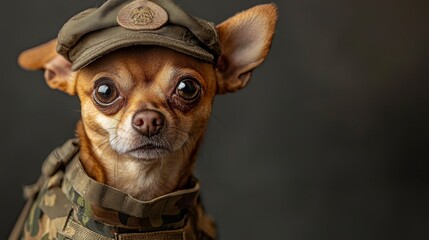 Chihuahua in Military Attire with Intense Stare on Dark Background