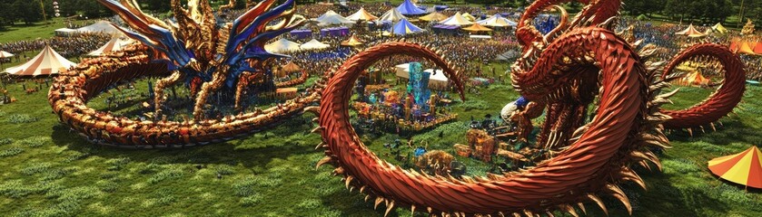 Fototapeta premium A vibrant festival scene featuring two large, colorful dragon sculptures amidst crowds and tents.