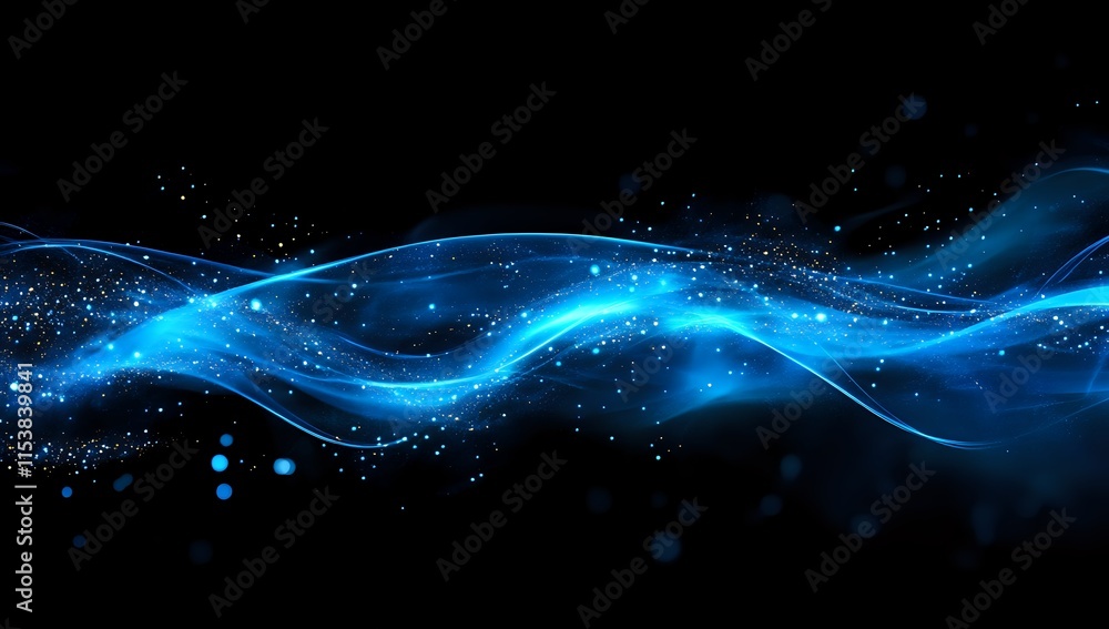 Poster abstract blue energy waves flowing with golden particles dynamically across dark background