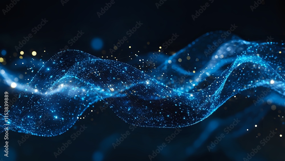 Aufkleber abstract blue particles flowing dynamically in dark space with golden lights, creating an enthrallin