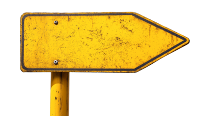 yellow rustic metal signpost guide board, blank old weathered signboard, cutout png