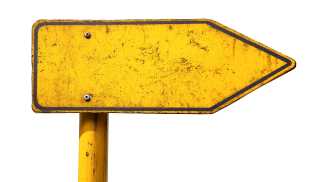 yellow rustic metal signpost guide board, blank old weathered signboard, cutout png