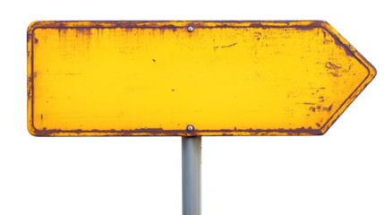 blank yellow rustic metal signpost guide board, old weathered signboard, cutout png
