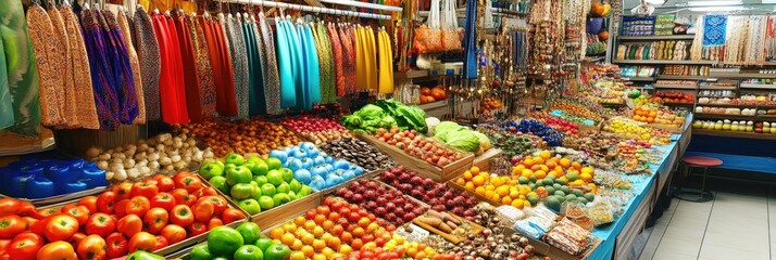 Fototapeta premium A vibrant market stall filled with colorful fruits, vegetables, and textiles for sale.